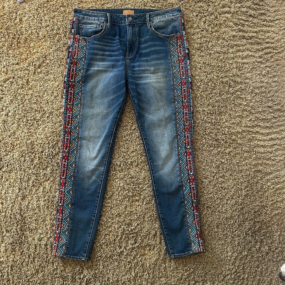 DRIFTWOOD Blue Jeans with Red & Turquoise Embroidered Side Trim